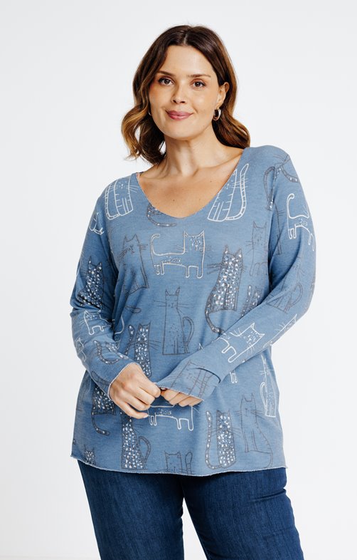 Tee-shirt maille fine imprimé chats