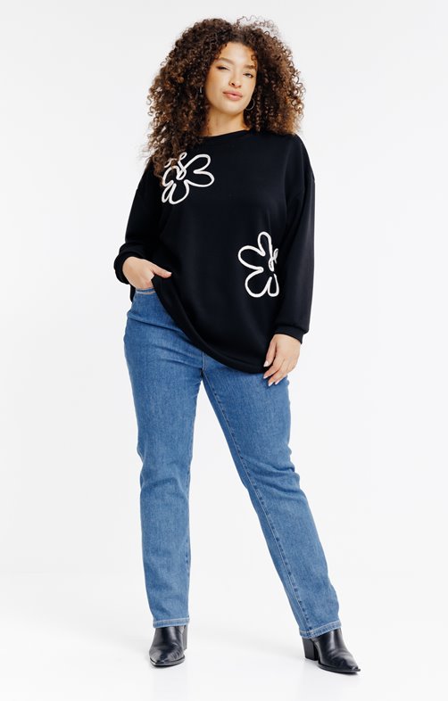 Pantalon denim droit strass papillon