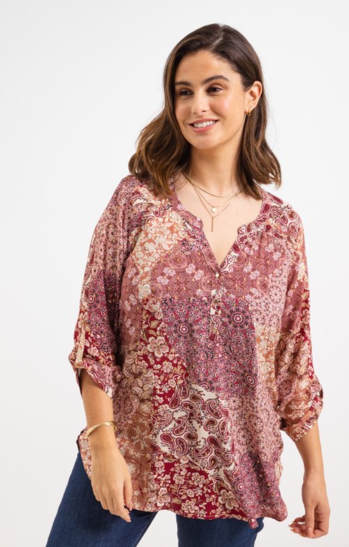 T-shirt Femme Grande Taille Manches 3/4 - Col V Avec Bouton - Coupe Oversized Confortable
