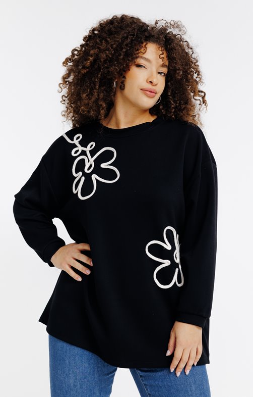 Sweat uni avec fleurs en corde