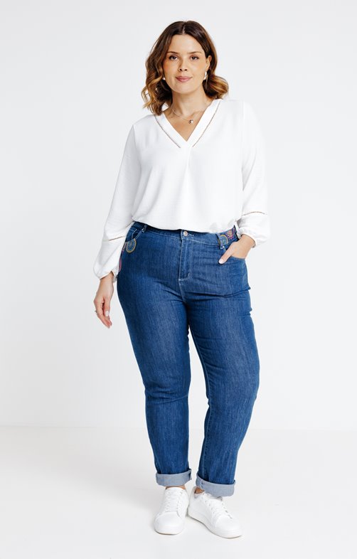 Pantalon jean broderie ceinture