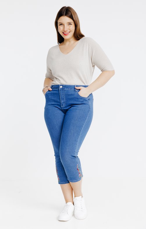 Pantacourt jean broderie fleurs