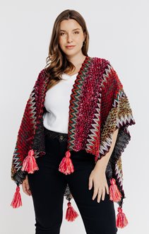 Poncho tricot multicolore avec pompons