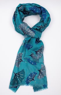 Foulard turquoise motif ginkgo