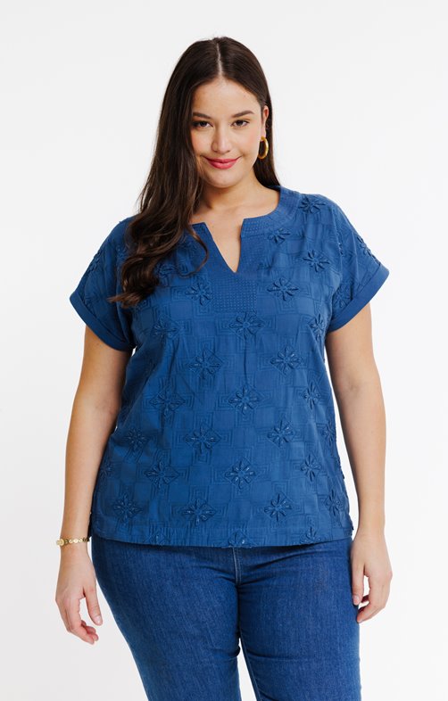 Tee-shirt bi matière losanges/fleurs 3D 