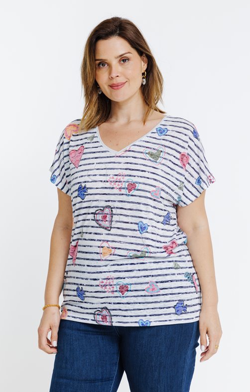 Tee-shirt rayé imprimé coeurs