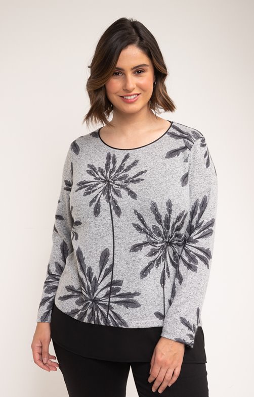 Pull gris clair col rond avec piping 