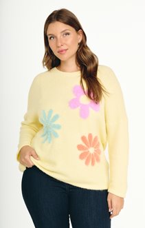 Pull fond jaune avec fleurs multico