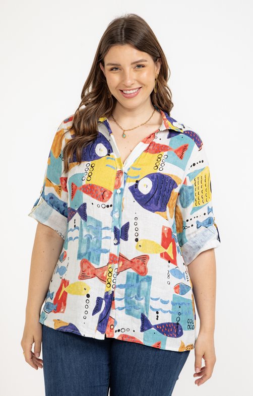 Chemise en lin imprimée poissons